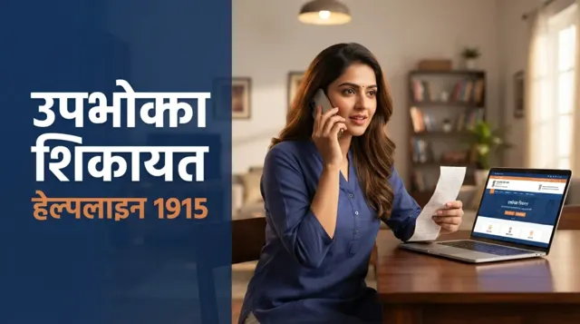 उपभोक्ता शिकायत कैसे करें — हेल्पलाइन 1915 पर कॉल करती महिला, हाथ में बिल और न्याय का तराज़ू