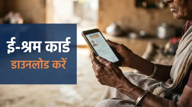 ई-श्रम कार्ड डाउनलोड — मोबाइल स्क्रीन पर PDF कार्ड डाउनलोड होता हुआ, आधार OTP सत्यापन के साथ