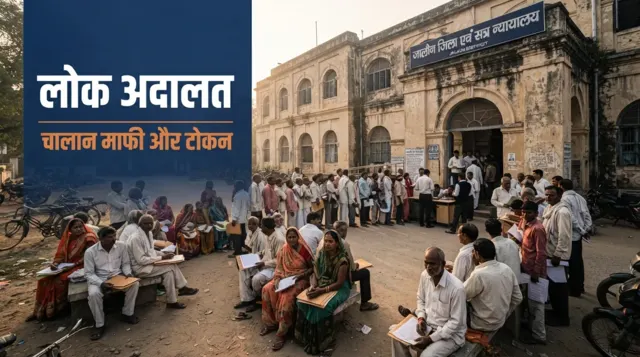 लोक अदालत 2026 — ज़िला अदालत परिसर में चालान निपटाने पहुँचे लोग