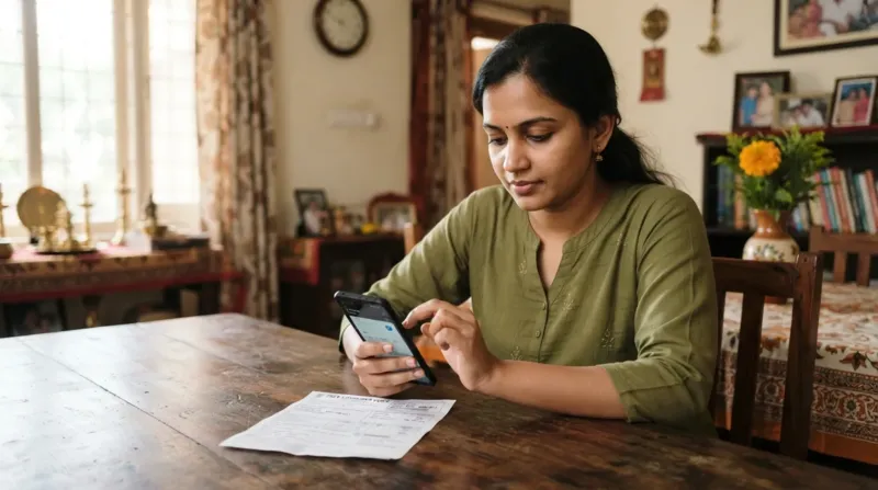 घर बैठे myAadhaar से पते का दस्तावेज़ अपलोड करती महिला