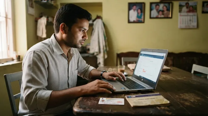 घर बैठे लैपटॉप से ई-श्रम self-registration करता युवक — आधार और पासबुक साथ