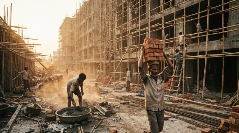 निर्माण स्थल पर काम करते बिहार के मज़दूर — 90 दिन के काम पर लेबर कार्ड की पात्रता