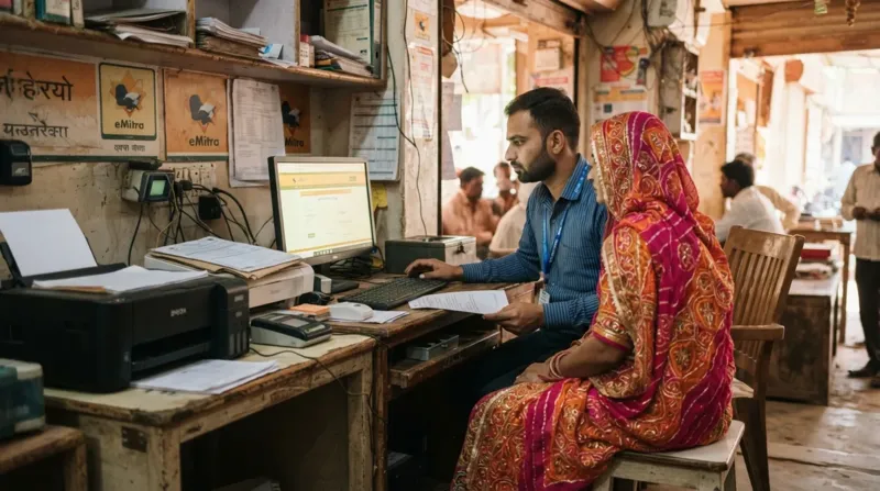 राजस्थान में eMitra कियोस्क से मूल निवास का आवेदन कराती महिला