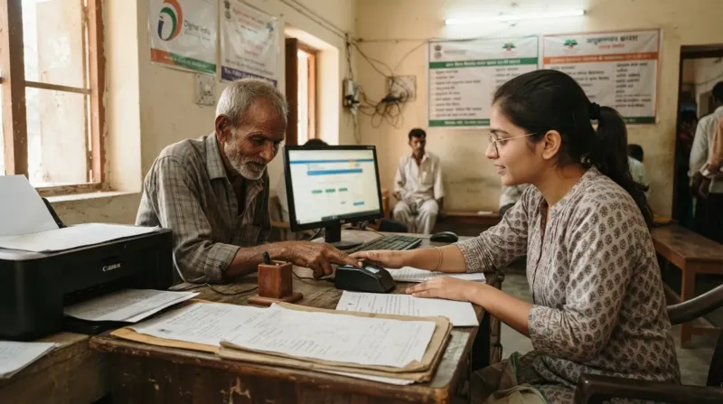 जन सेवा केंद्र (CSC) पर बायोमेट्रिक से ई-श्रम रजिस्ट्रेशन कराता कामगार