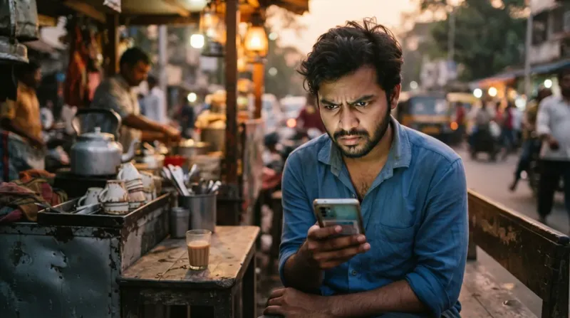 मोबाइल पर वायरल दावों को शक की नज़र से देखता युवक