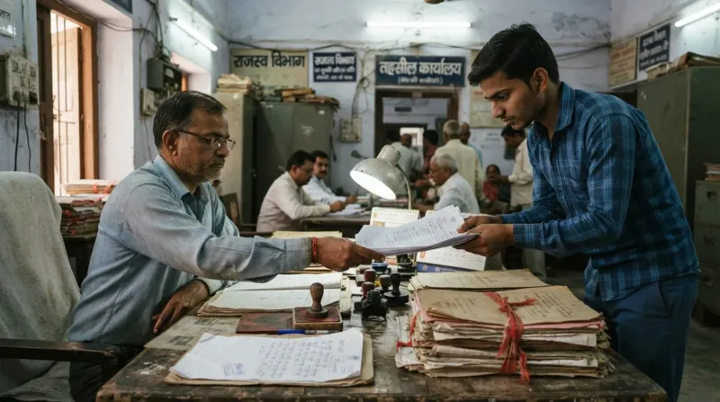 तहसील कार्यालय में जाति प्रमाण पत्र के दस्तावेज़ जमा करता युवक
