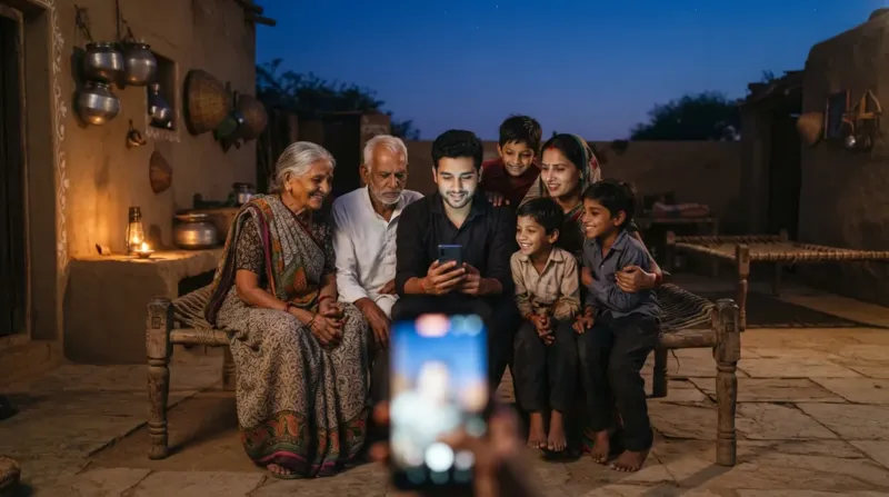 गांव में परिवार मोबाइल पर राशन कार्ड सूची में अपना नाम देखता हुआ