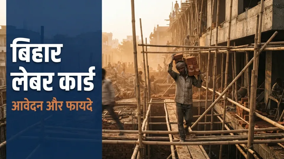 बिहार लेबर कार्ड — निर्माण मज़दूर हाथ में राज्य लेबर कार्ड लिए, पीछे निर्माणाधीन इमारत