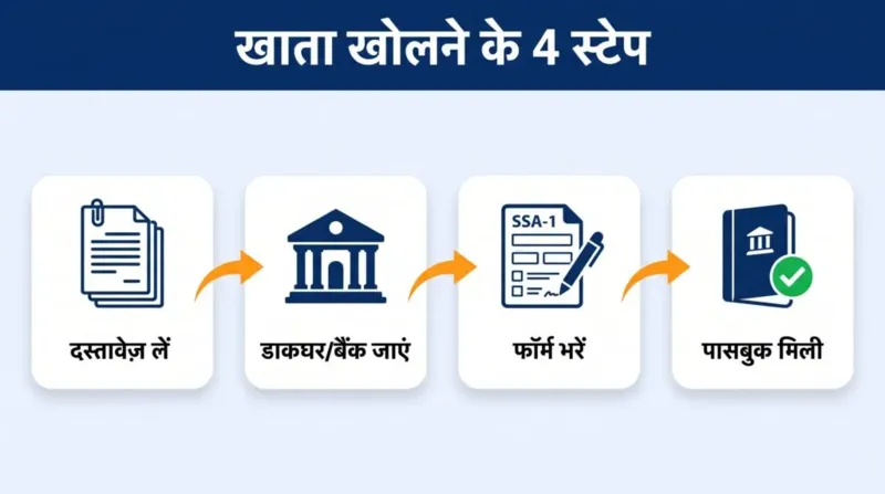 सुकन्या खाता खोलने के 4 स्टेप — दस्तावेज़, डाकघर/बैंक, फॉर्म SSA-1, पासबुक