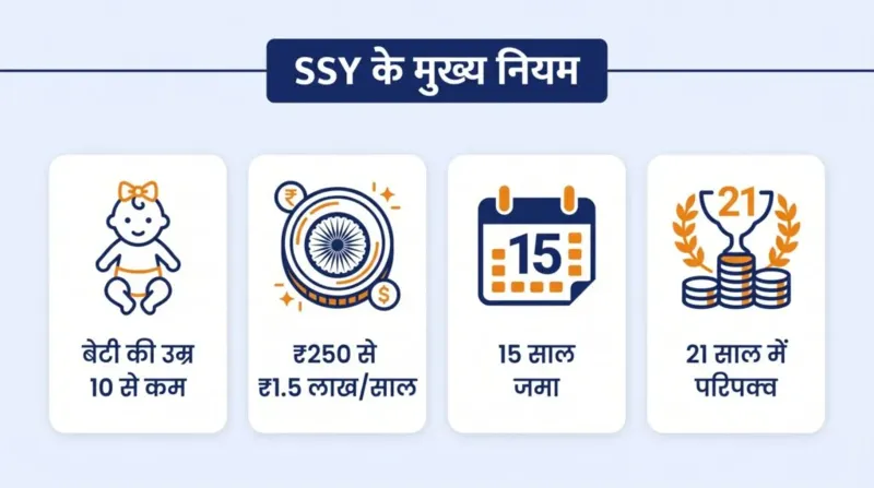 SSY के मुख्य नियम — बेटी की उम्र 10 से कम, ₹250 से ₹1.5 लाख सालाना, 15 साल जमा, 21 साल परिपक्वता